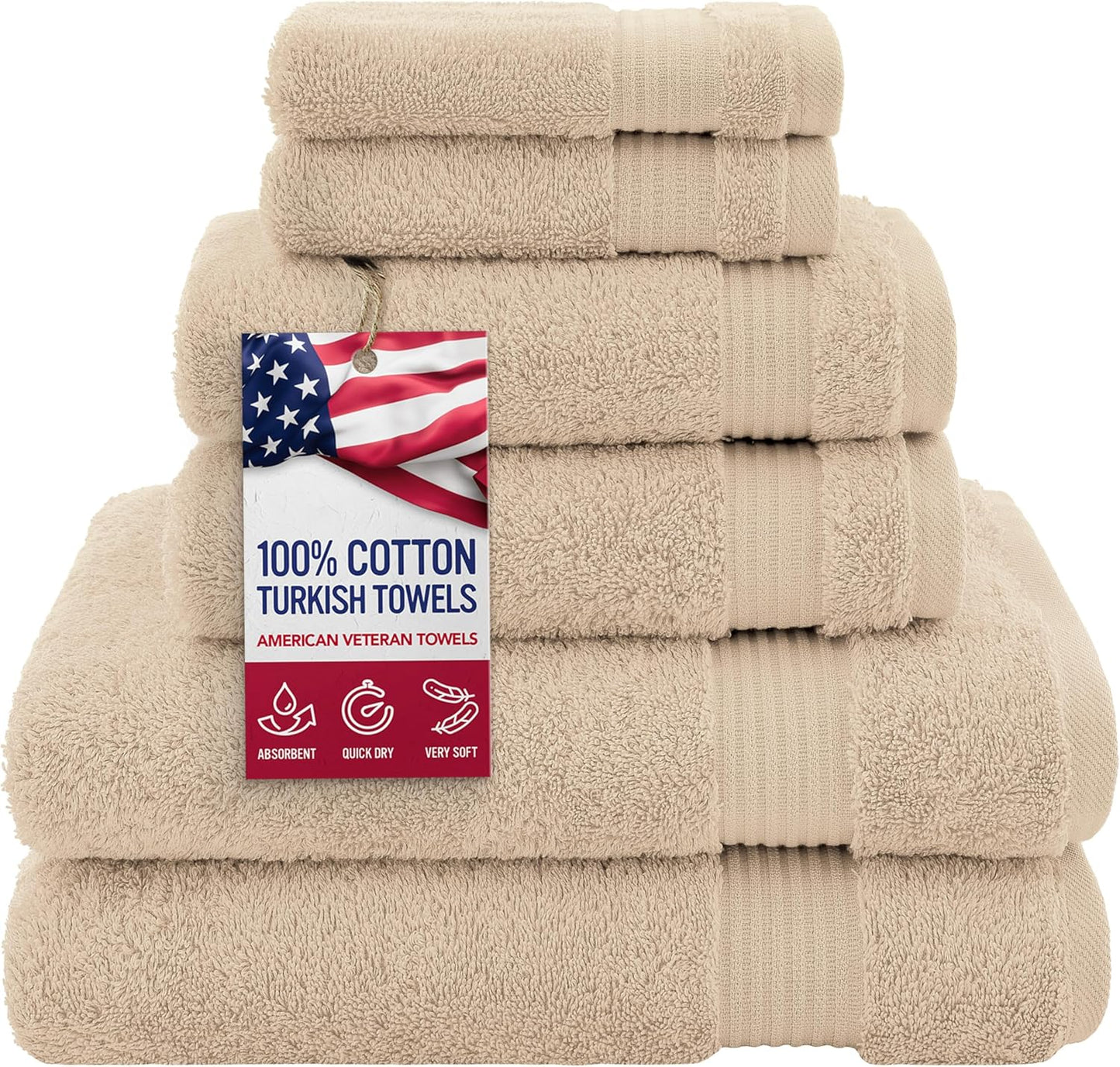 American Veteran 6 Piece Luxury Towel Set, 100% Cotton Turkish Towels - 2 Bath, 2 Hand, 2 Washcloths, Beige