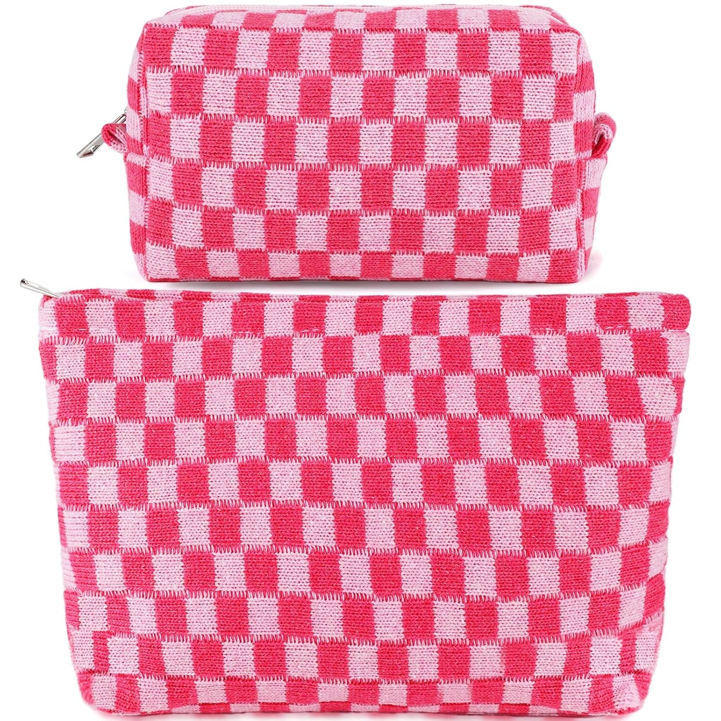 ZLFSRQ 2Pcs Makeup Bag Checkered Cosmetic Bag Set Travel Toiletry Bags for Purse Large Small Makeup Pouch for Women Cute Preppy Pencil Pouch Case Pink Zipper Skincare Bags