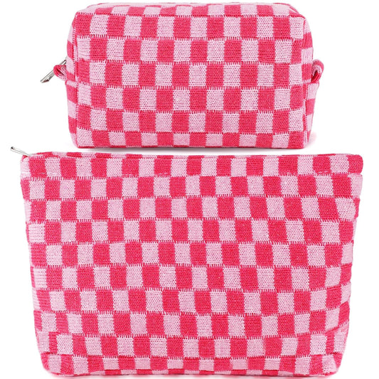 ZLFSRQ 2Pcs Makeup Bag Checkered Cosmetic Bag Set Travel Toiletry Bags for Purse Large Small Makeup Pouch for Women Cute Preppy Pencil Pouch Case Pink Zipper Skincare Bags