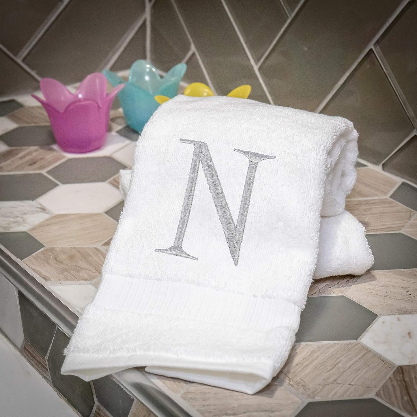 Monogrammed Hand Towels for Bathroom - Luxury Hotel Quality Personalized Initial Decorative Embroidered Bath Towel for Powder Room, Spa - GOTS Organic Certified - Set of 2 Letter N
