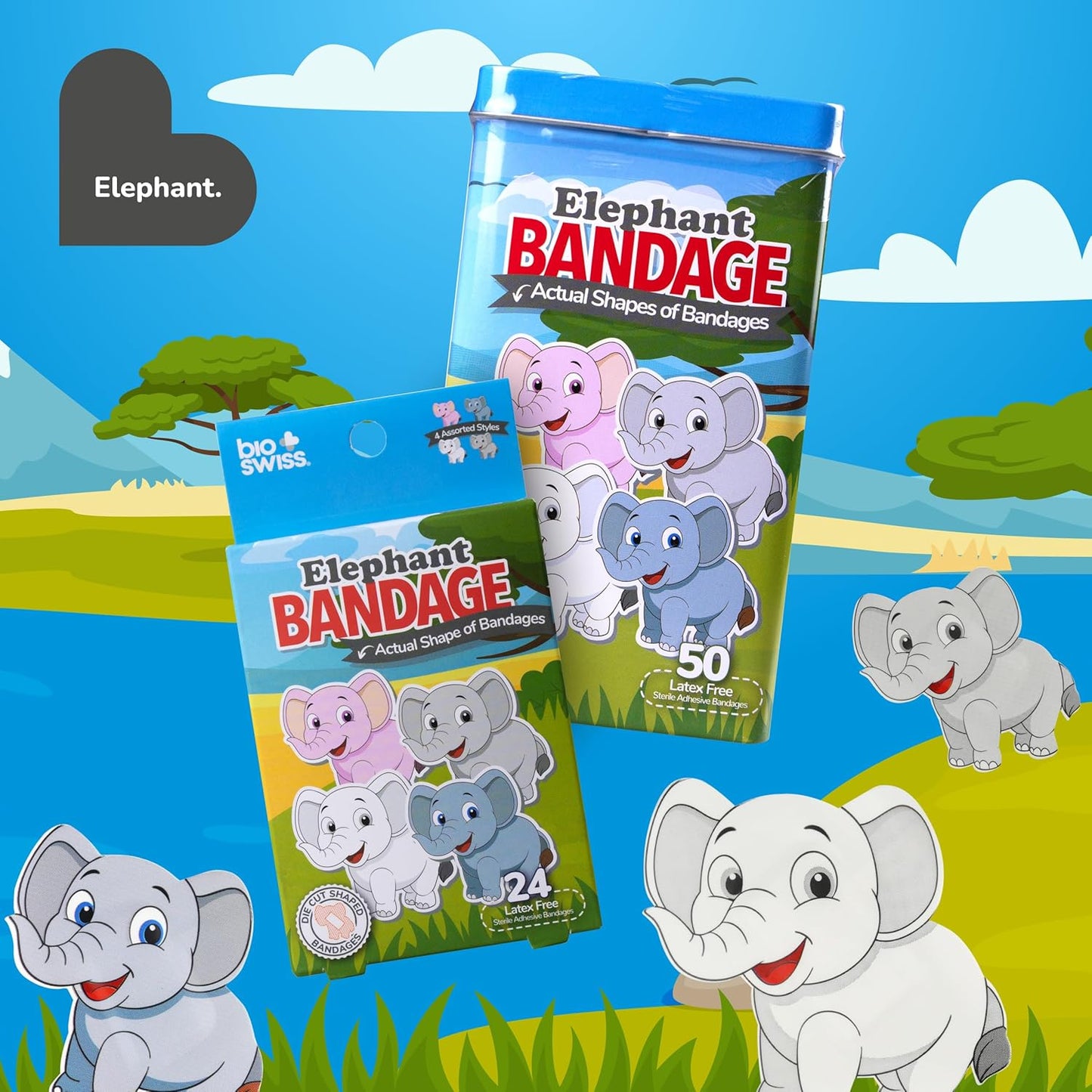 BioSwiss Kids Bandages, Elephant Shaped Self Adhesive Bandage, Latex Free, Sterile Wound Care, 50 Count