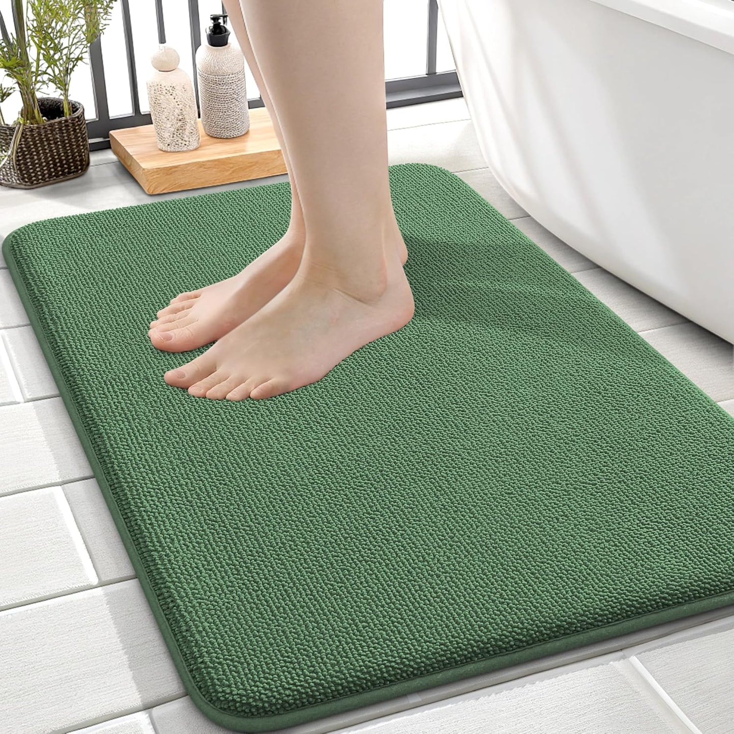 OLANLY Thick Memory Foam Bath Mat Rug 24x16, Extra Soft Absorbent Bathroom Rug, Quick Dry Bath Mats, Non-Slip, Machine Washable Carpet for Bathroom, Tub and Shower, Home Decor Accessories, Olive Green