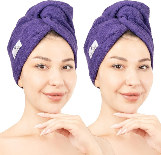 American Soft Linen 100% Cotton Hair Towel Cap and Wrap for Long Curly Anti Frizz Hair, Absorbent 2 Pack, Purple