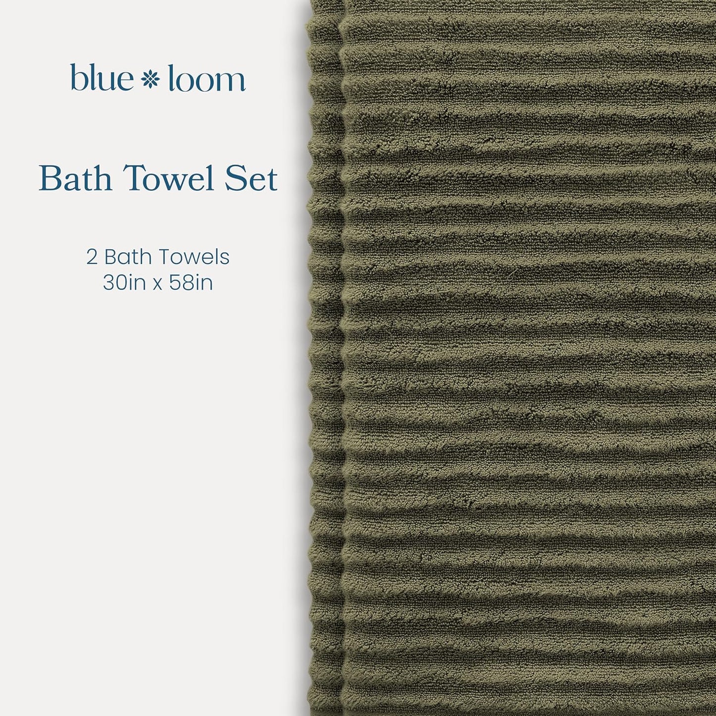 Blue Loom Ribbed Bath Towels Set, 100% Cotton 600 GSM, Soft Absorbent Durable Quick Drying 2 Bath Towels for Bathroom - Mason Set of 2 Moss Green (58" x 30" Inch)