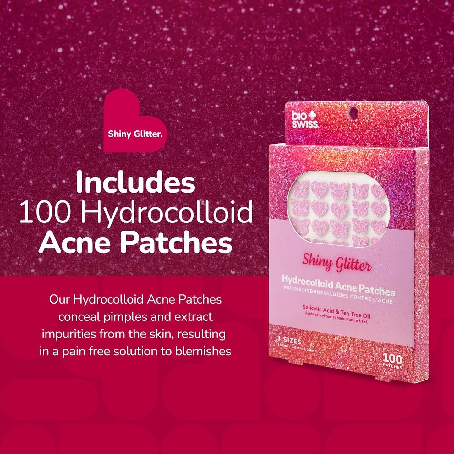 BioSwiss Pimple Patches, Shiny Glitter Patch for Zits and Blemishes, Hydrocolloid Spot Stickers for Face and Skin, 100 Count