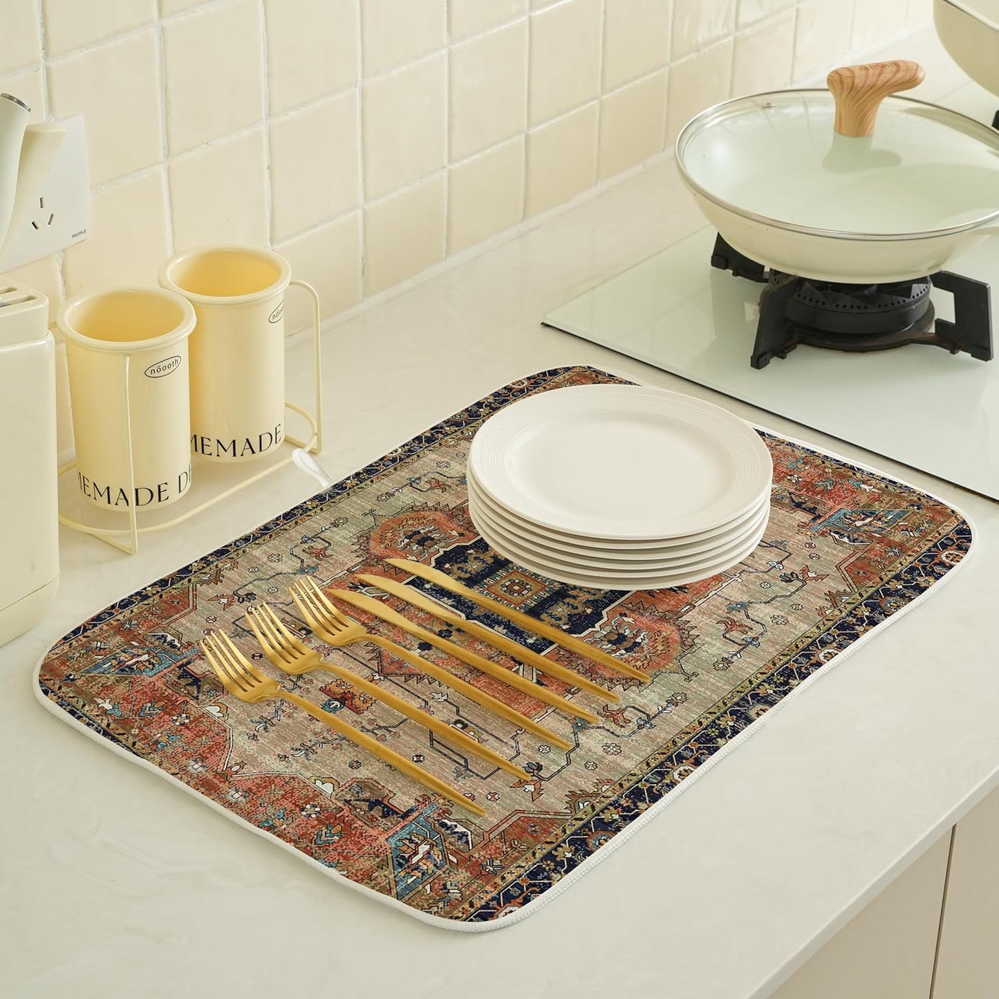 Aztec Dish Drying Mat for Kitchen Counter, 18x24 Inch Vintage Boho Style Absorbent Dish Drying Pad Heat Resistant Mat Coffee Bar Mat Dish Drainer Rack Mat