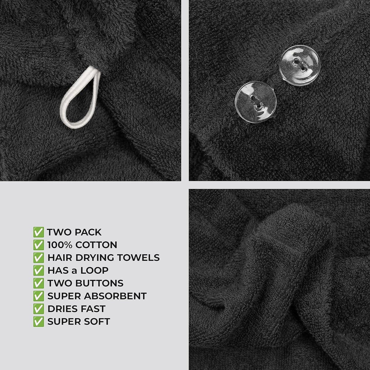 American Soft Linen 100% Cotton Hair Towels for Women, Head Towel Cap, Cotton Hair Turban Towel Wrap for Long Curly Anti Frizz Hair, Soft and Absorbent Cotton Hair Towels 2 Pack, Black