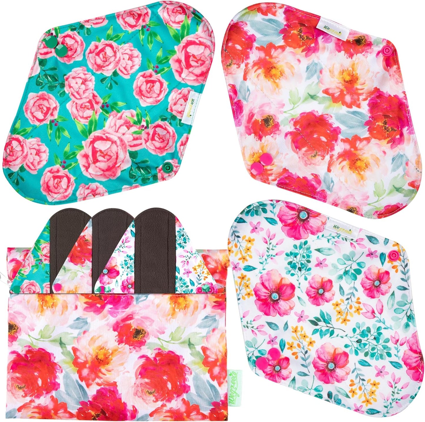 Wegreeco Cloth Menstrual Pads - Soft Washable Pads for Women - Reusable Panty Liners for Women - 6 Pack with 1 Cloth Mini Wet Bag (Medium, Peonyony)