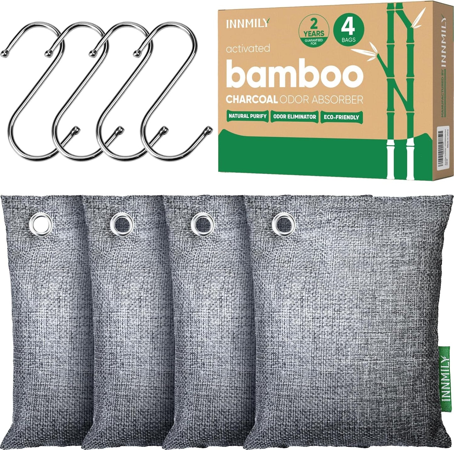 Activated Charcoal Odor Absorber,Large 4x200g w Hooks Nature Odor Eliminator for Strong Odor,Bamboo Charcoal Air Purifying Bags,Moisture Absorbers for Fresh Home Car Closet Pet,Smoke Smell Deodorizer