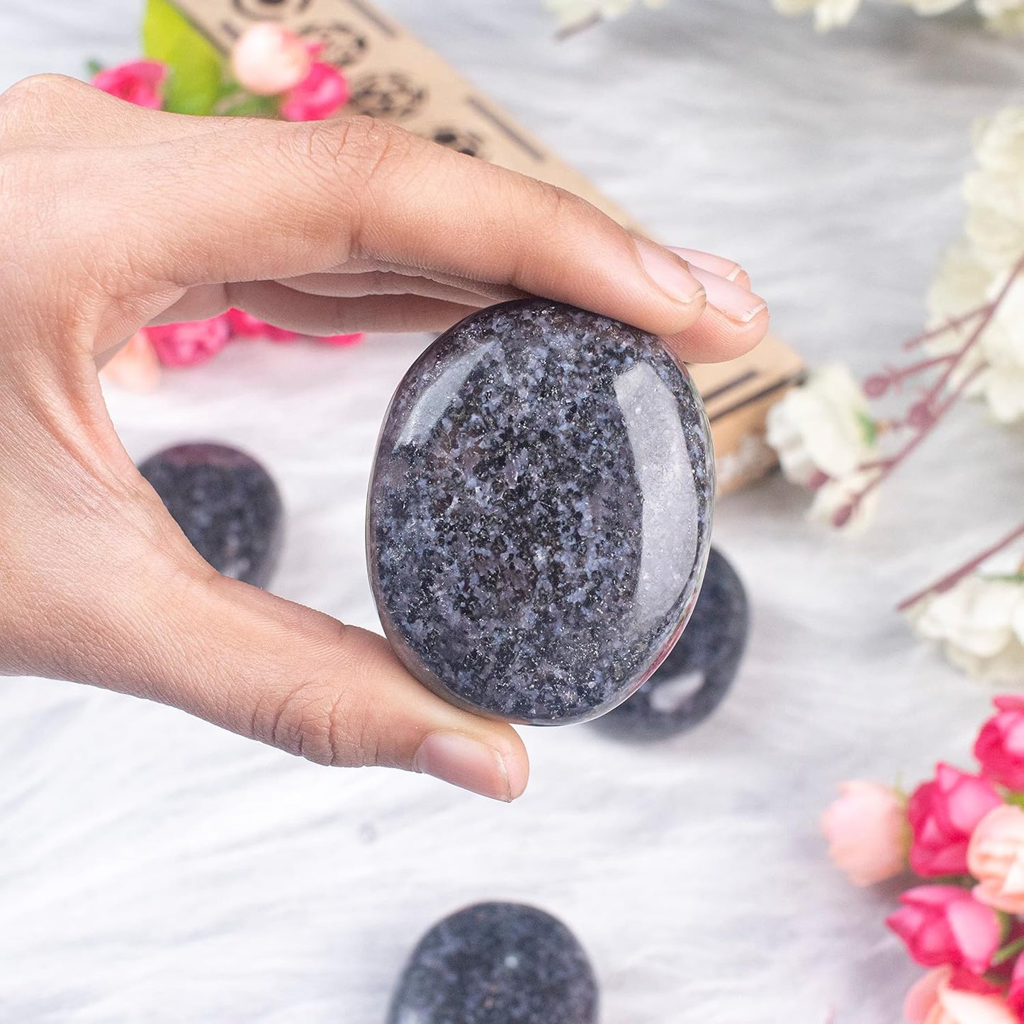 Crocon 50mm Indigo Gabbro Large Palm Stone 900+ Carats Pocket Massage Worry Stones for Natural Chakra Balancing Reiki Healing Stones and Crystal Healing Massage Spa Energy Crystals Gifts for Women