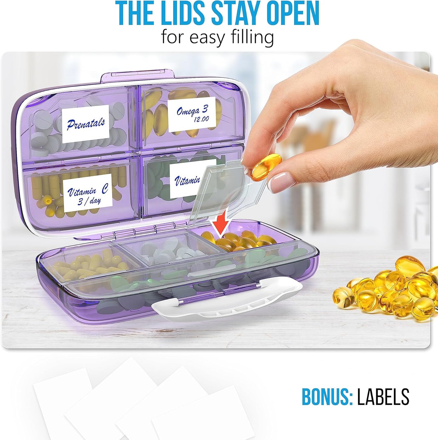 Travel Pill Organizer - Airtight Medicine Case for Traveling Portable Pharmacy Box with Labels Vitamin Container 8 Compartment Supplement Medication Holder Large Capacity Daily (Purple)