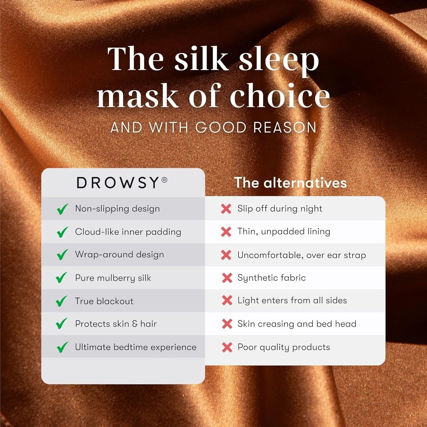 DROWSY Silk Sleep Mask - Face-Hugging, Padded Cocoon for Luxury Sleep in Total Darkness - 100% Pure Mulberry Silk (Pumpkin Spice)