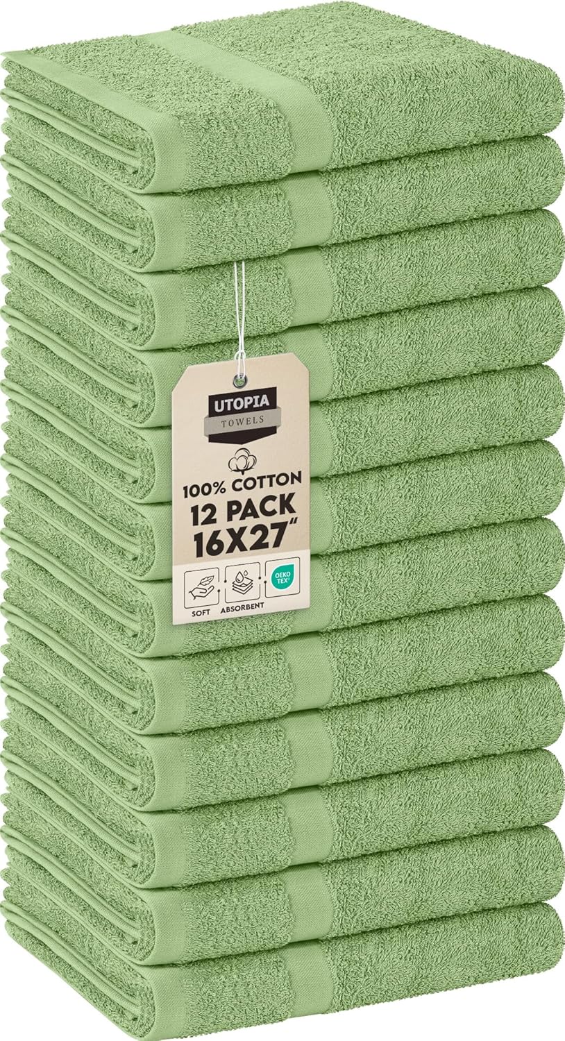 Utopia Towels, Salon Towel, Pack of 12, Not Bleach Proof, 16 by 27 Inches, Highly Absorbent Cotton Towels for Hand, Gym, Beauty, Spa, and Home Hair Care, Sage Green