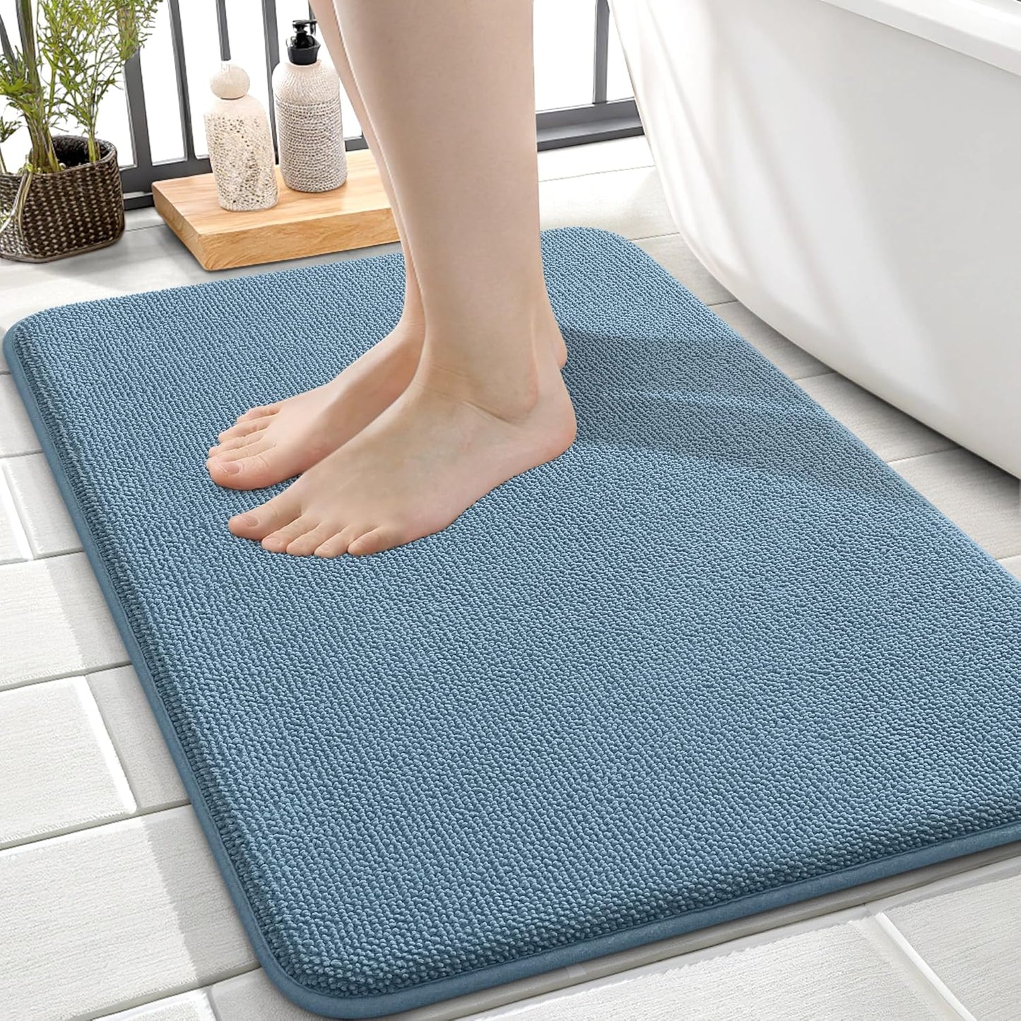 OLANLY Thick Memory Foam Bath Mat Rug 24x16, Extra Soft Absorbent Bathroom Rug, Quick Dry Bath Mats, Non-Slip, Machine Washable Carpet for Bathroom, Tub and Shower, Home Decor Accessories, Airy Blue