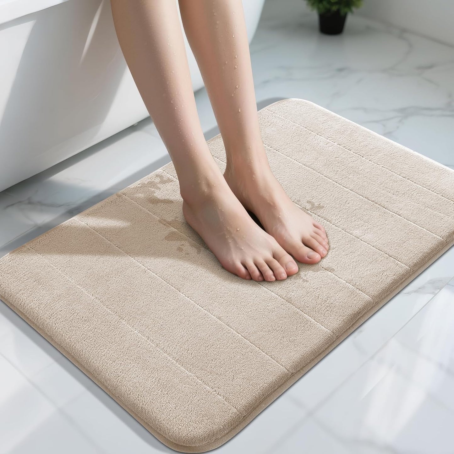 Yimobra Memory Foam Bath Mat, Super Soft Absorbent Bathroom Rug Non Slip 31.5x20 Inch, Quick Dry, Machine Washable Floor Carpet for Tub Shower, Home Decor Accessories, Beige