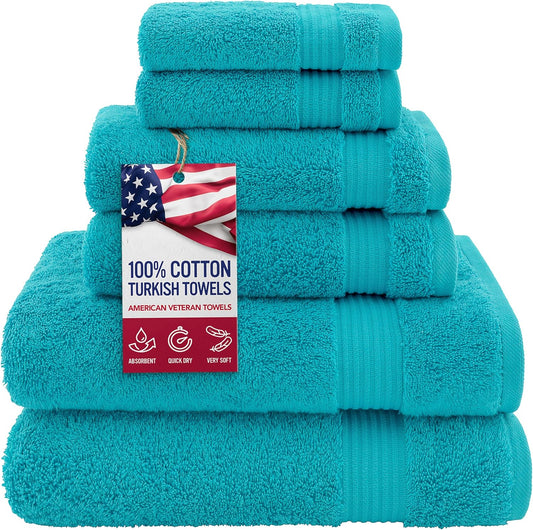 American Veteran Towel, 100% Cotton Turkish 6 Piece Towel Set Luxury Towels Set of 6 for Bathroom Essentials 2 Bath Towels 2 Hand Towels 2 Washcloths, Aqua Blue
