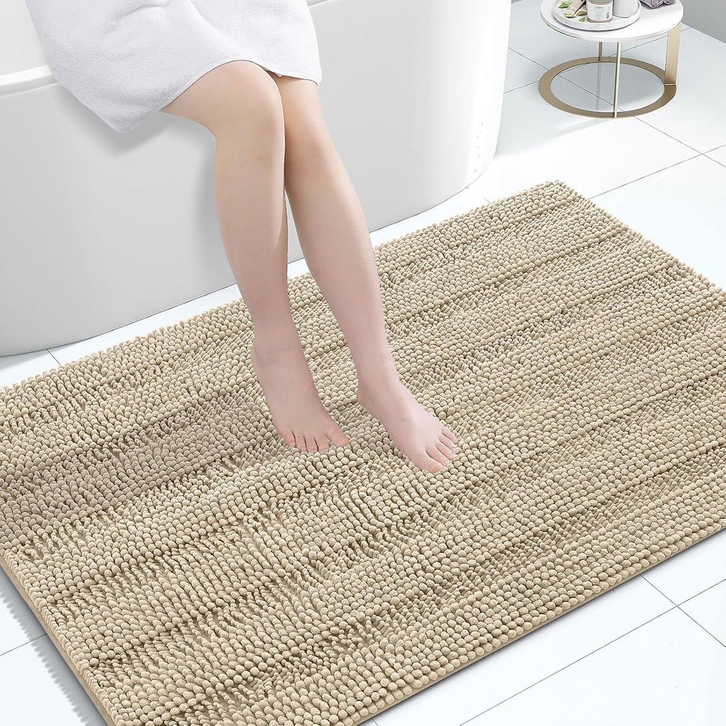 Grandaily Chenille Striped Bathroom Rugs 47x32, Extra Thick and Absorbent Bath Mats, Non-Slip Soft Plush Shaggy Shower Carpet, Machine Wash Dry, Bath Rug for Bathroom, Beige