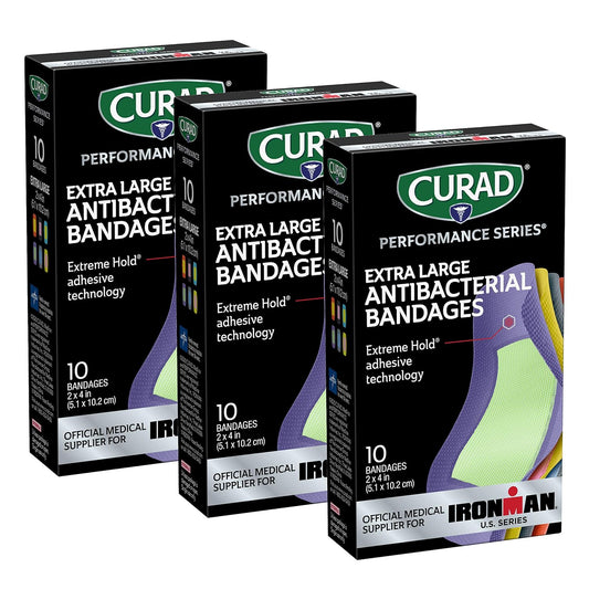 CURAD Performance Series IRONMAN Antibacterial Bandages, Extreme Hold Adhesive Technology, Extra Large Flexible Fabric Bandages for Cuts, Scrapes, & Burns, Assorted Colors, 2 x 4 inches, Pack of 3