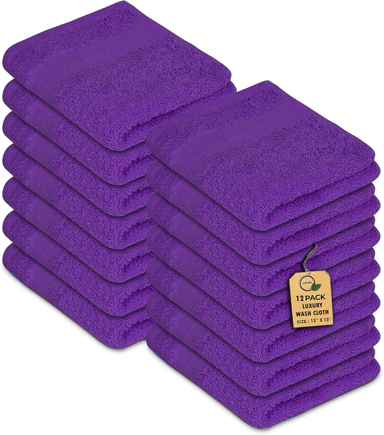 Premium Wash Cloths Pack of 12 (13" x 13") 100% Ring Spun Cotton | Luxury Washcloths | Ultra Soft Face Towels | Highly Absorbent Wash Cloths for face (Purple)