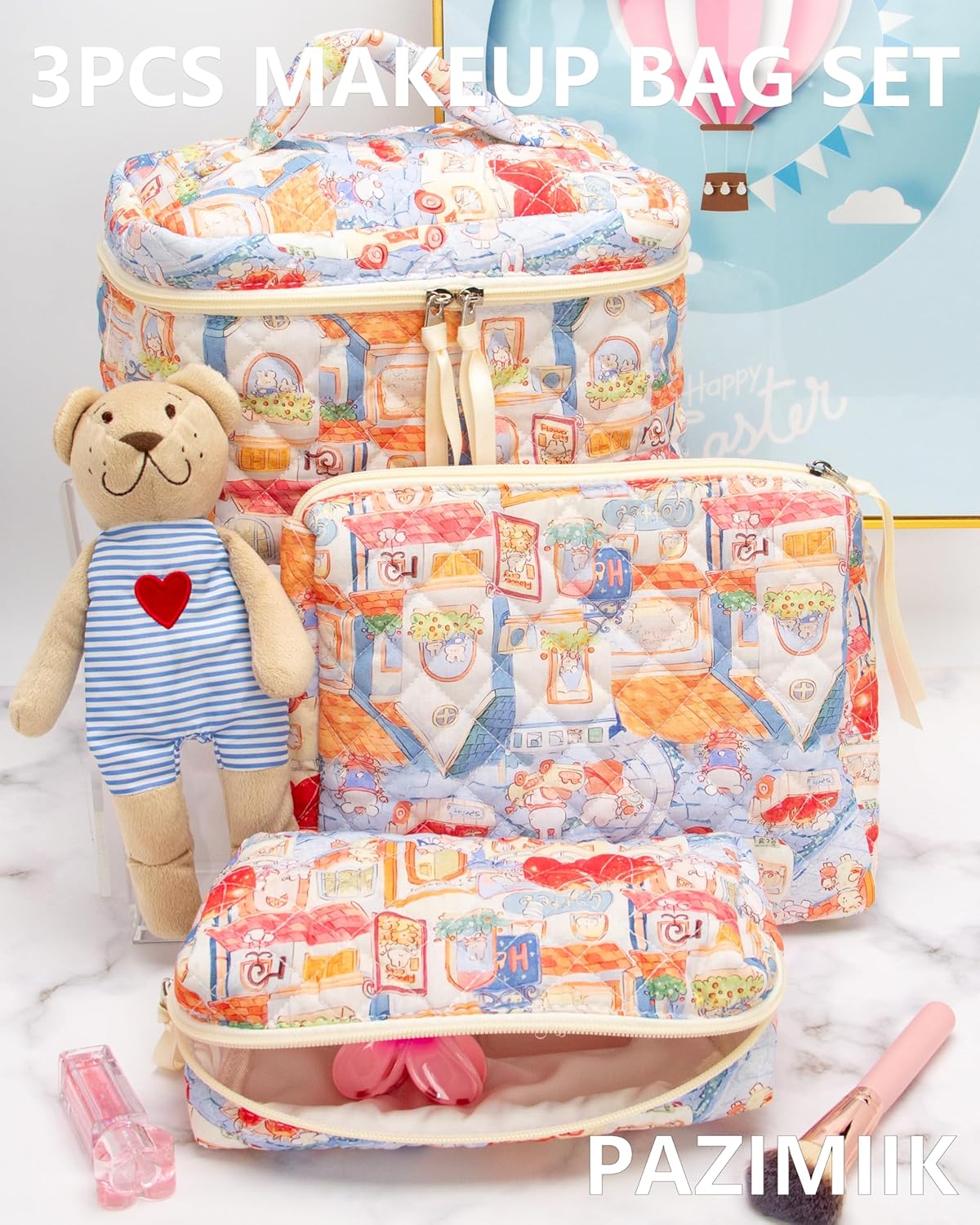 PAZIMIIK 3PCS Makeup Bag SET Large Travel Quilted Zipper Soft Cosmetic Case Pouch for Women Girls Make Up,Little Bunny