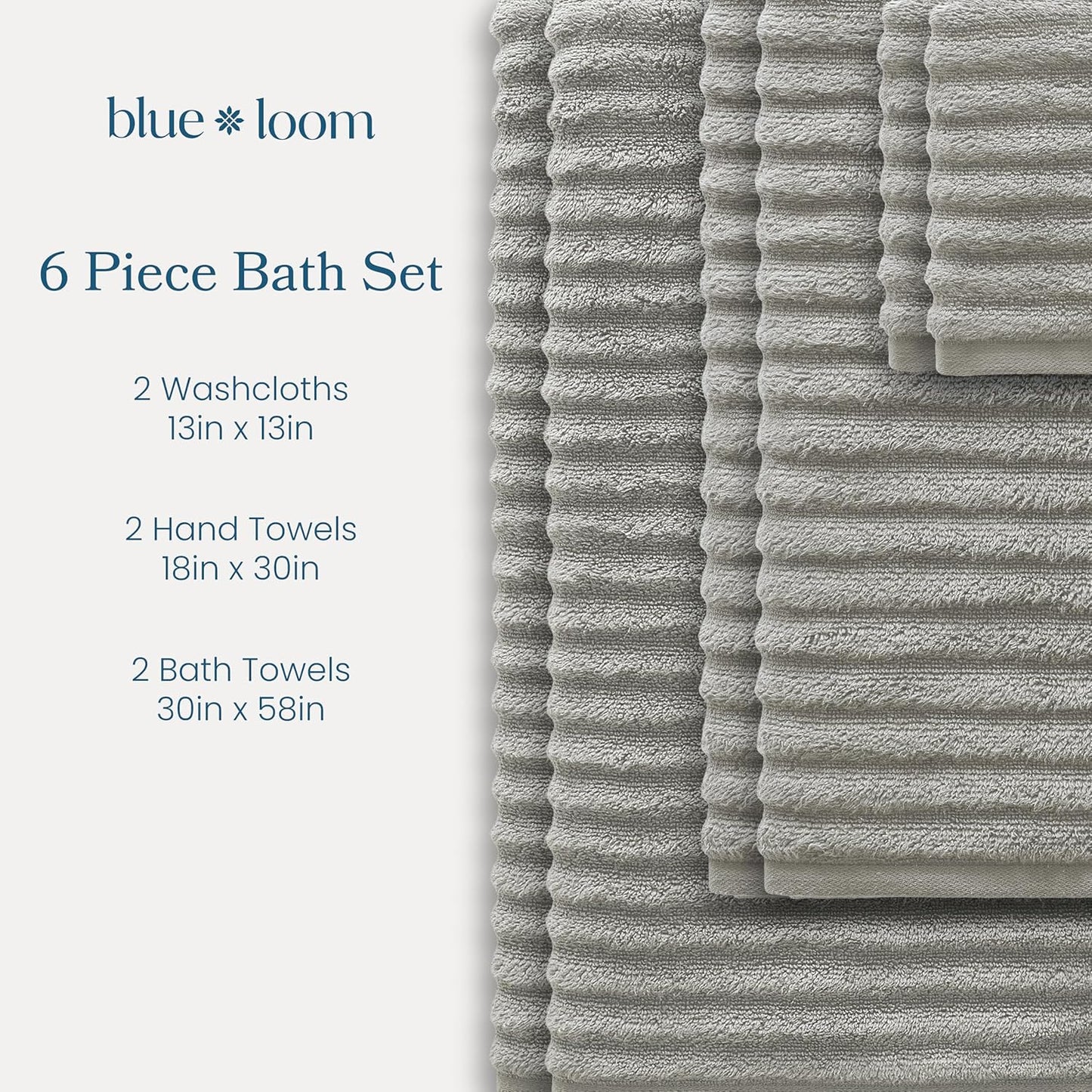 Blue Loom Ribbed Bath Towels Set, 100% Cotton 600GSM, Soft Absorbent Durable 2 Bath Towels, 2 Hand Towels, 2 Wash Cloths for Bathroom - Mason (58" x 30" inch Towels) (Stone, 6 Piece)
