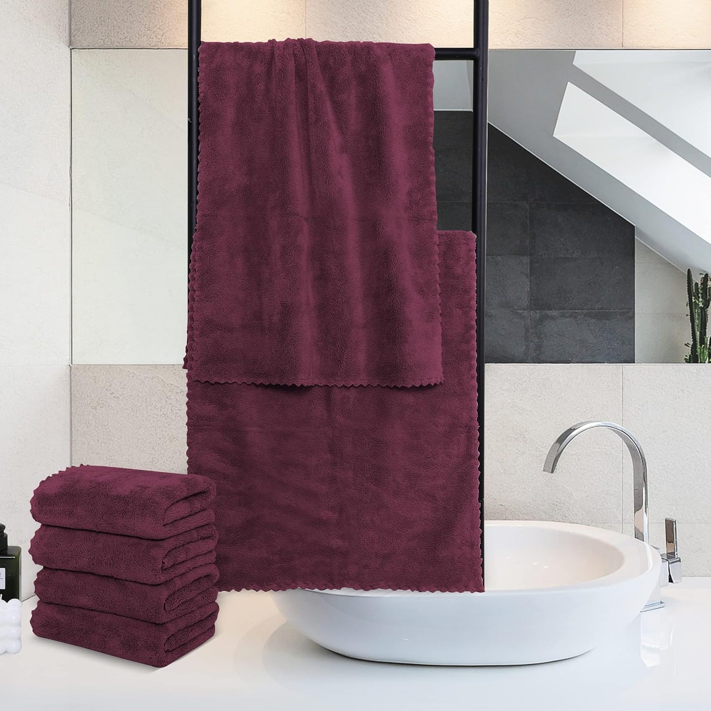 MOONQUEEN 6 Pack Premium Hand Towels - Quick Drying - Microfiber Coral Velvet Highly Absorbent Towels - Multipurpose Use as Hotel, Bathroom, Shower, Spa, Hand Towel 16 x 28 inches (Burgundy)