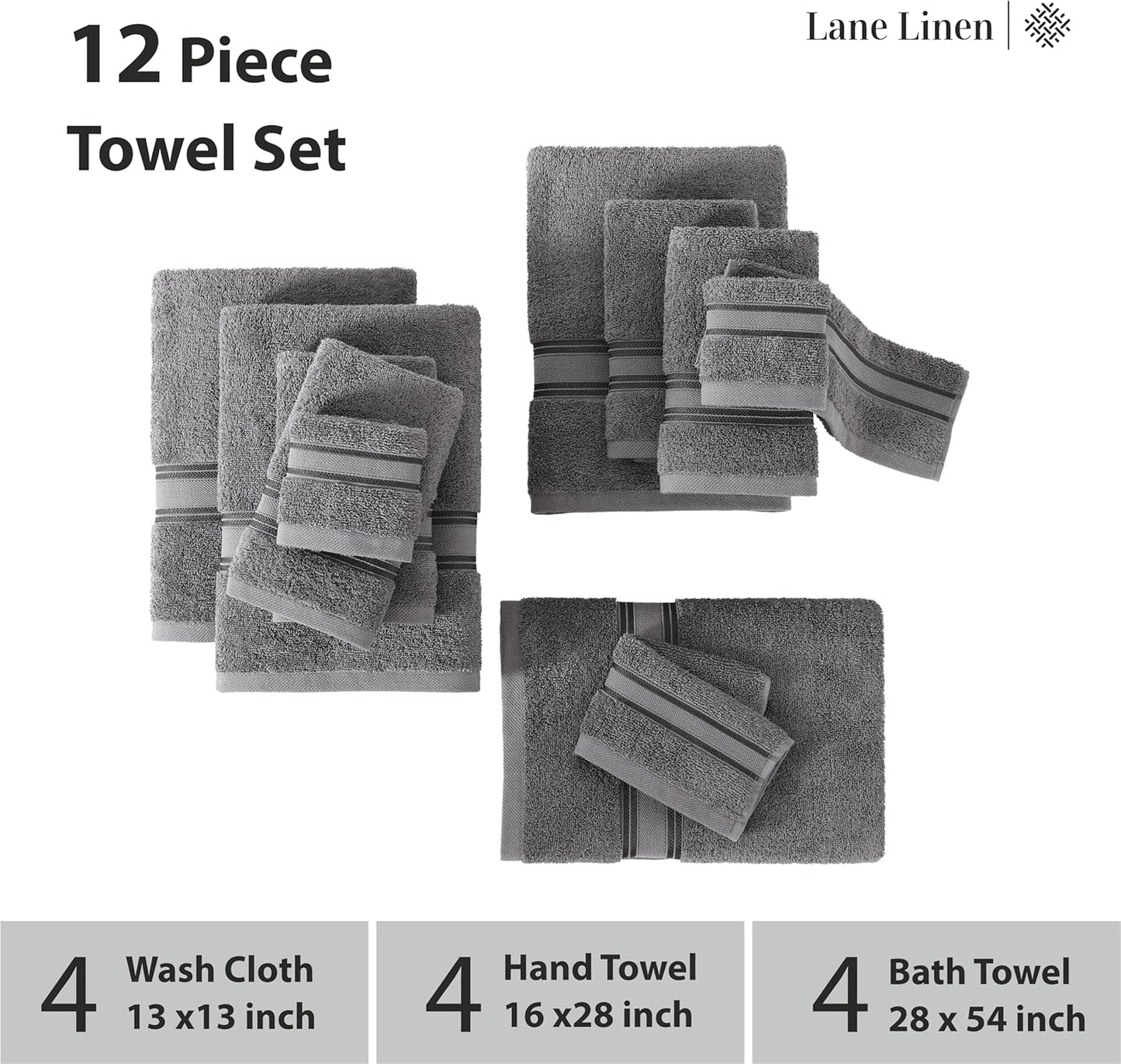 LANE LINEN Luxury Bath Towels Set - 12 Piece, 100% Cotton, Zero Twist, Super Soft & Absorbent, Includes 4 Bath Towels, 4 Hand Towels, 4 Washcloths - Cool Grey