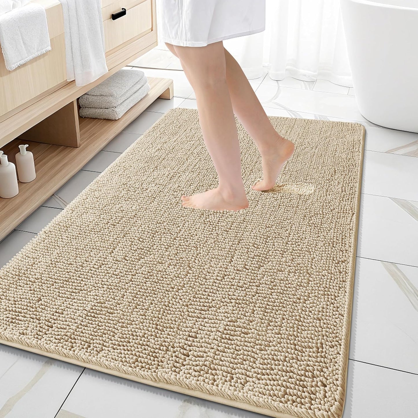 OLANLY Bathroom Rugs 59x35, Extra Soft Absorbent Chenille Bath Rugs, Rubber Backing Quick Dry, Machine Washable Bath Mats for Bathroom Floor, Tub and Shower, Home Decor Accessories, Beige