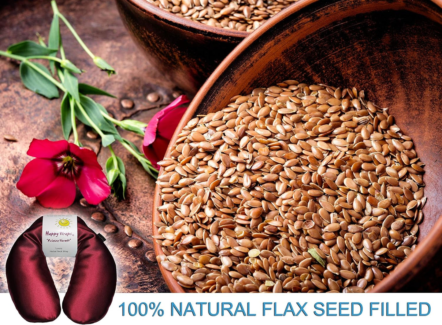 Microwavable Herbal Neck Wrap - Hot Cold Aromatherapy Neck Warming Pillow - Heating Pad for Migraines, Stress, Gifts for Women, Birthdays, Christmas and Free Sleep Mask - Ruby Satin