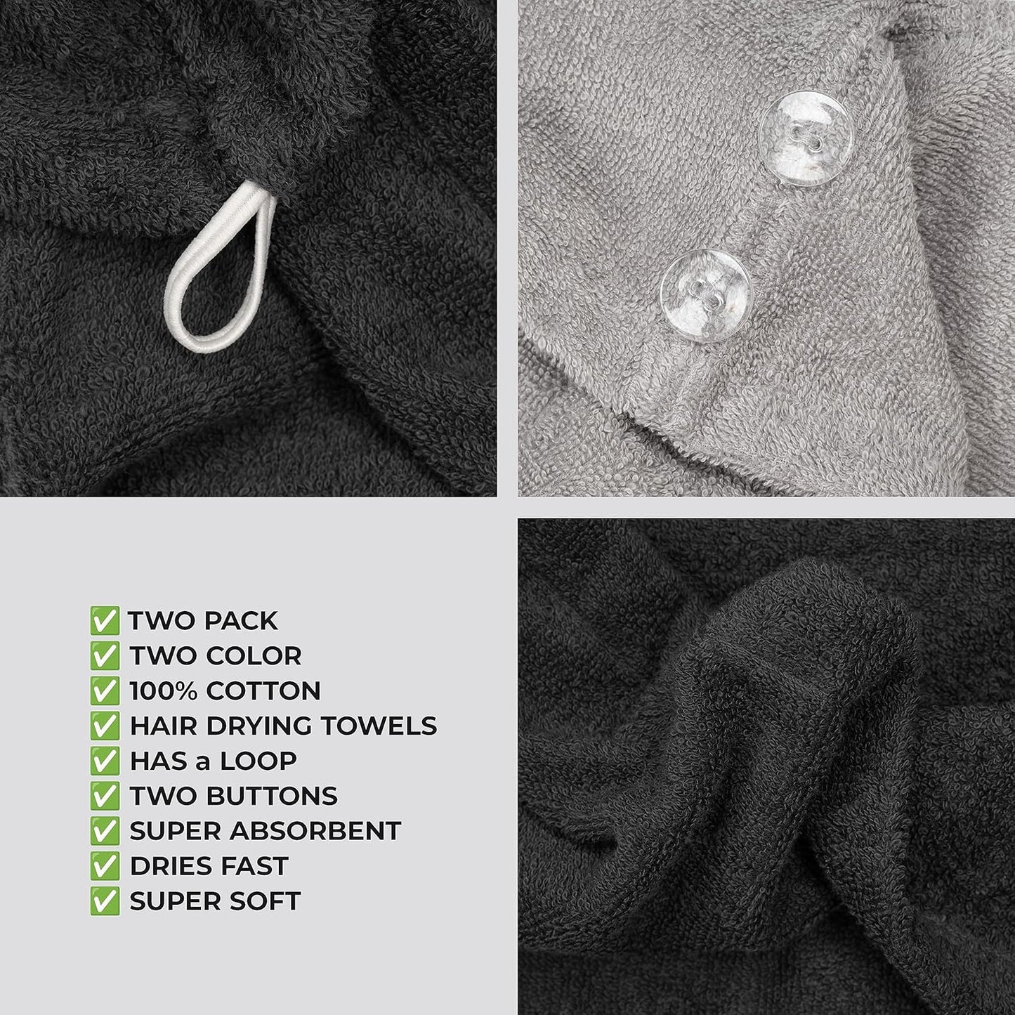 American Soft Linen 100% Cotton Hair Towels for Women, Head Towel Cap, Cotton Hair Turban Towel Wrap, Soft and Absorbent 2 Pack, Black-Light Gray