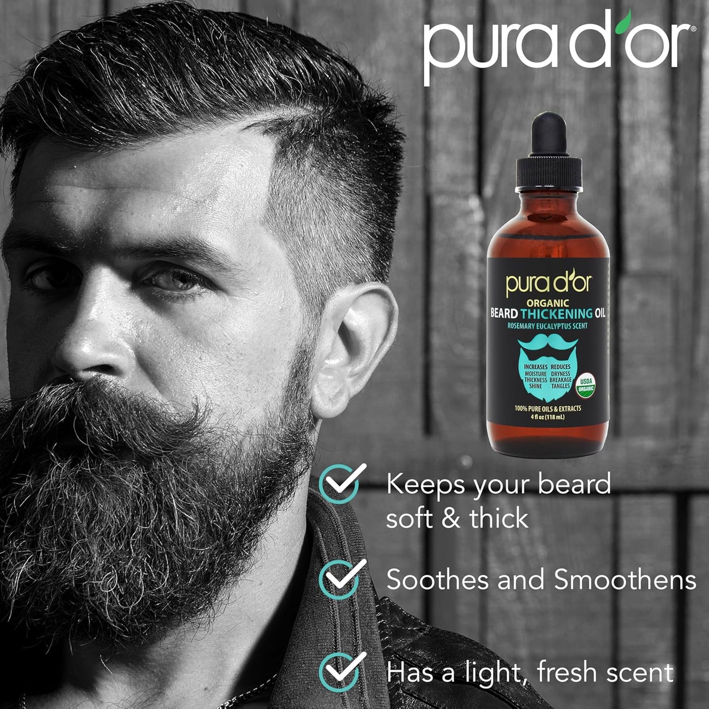 PURA D'OR 4 Oz Thickening Beard Oil – Moisturizing Blend with Rosemary, Biotin & Castor Oil – Increases Moisture, Thickness and Shine - Reduces Dryness and Breakage
