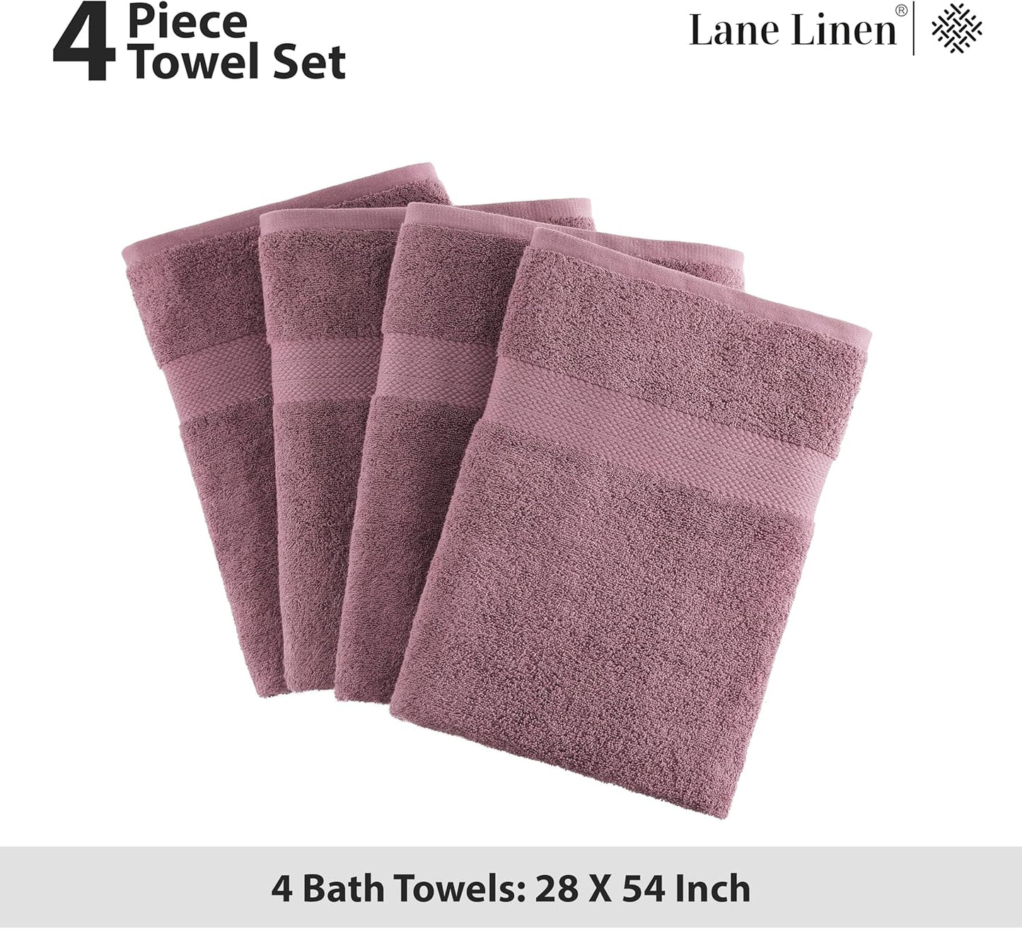 LANE LINEN 100% Cotton Large Bath Towels Set of 4 (28"x54") - Ring Spun Mercerized Cotton Bathroom Towel 4 Pack - Quick Dry, Soft & Absorbent Large Towels Set - Oeko Tex Certified - Wishful Mauve