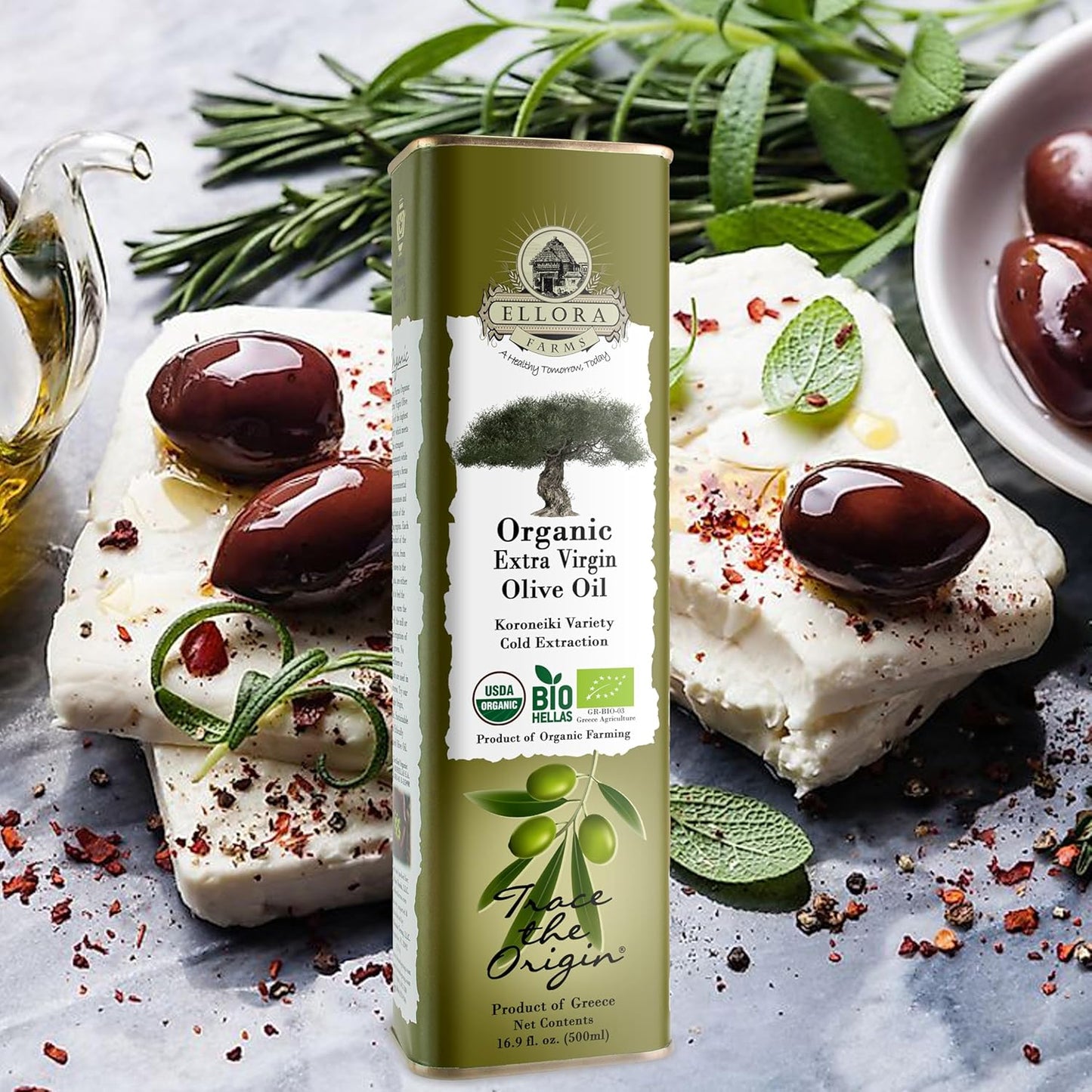 Ellora Farms, USDA Organic Extra Virgin Olive Oil, 2024 Harvest, Gold Award, Unfiltered, High Oleocanthal, Kosher 17 oz tin, Pack of 4