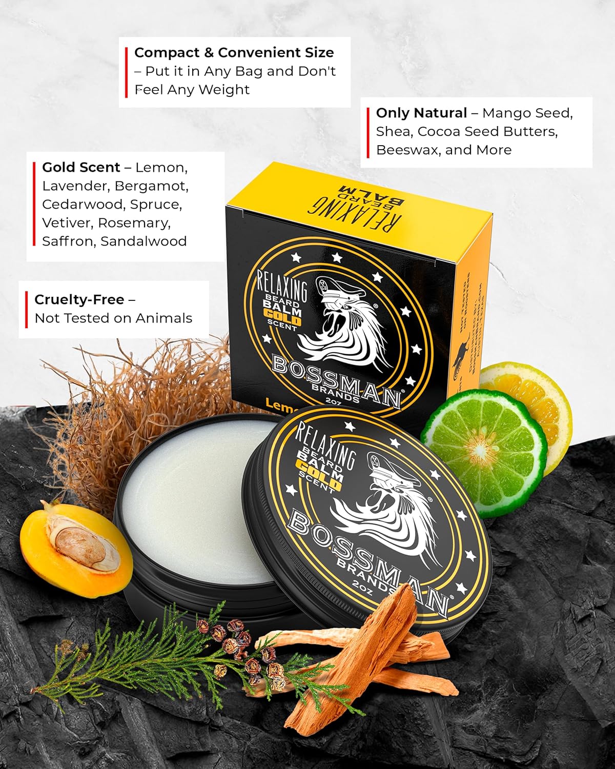 Bossman Relaxing Beard Balm for Men (Gold Scent) – Tames, Relaxes, Thickens & Softens for Ultimate Beard Care – Made in USA