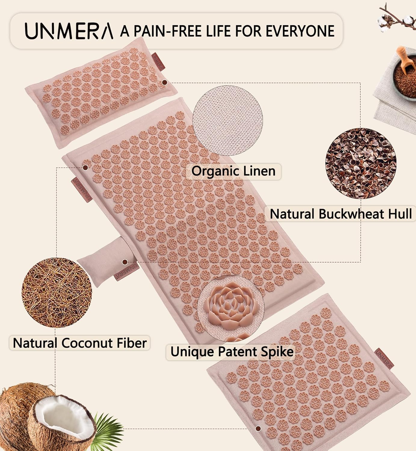 UNMERA Acupressure Mat and Pillow Set,Natural Premium Linen & Coconut Fiber Filling,for Back/Neck Pain Relief, Sciatic, Headache and Muscle Relaxation, Comes with Carrying Bag