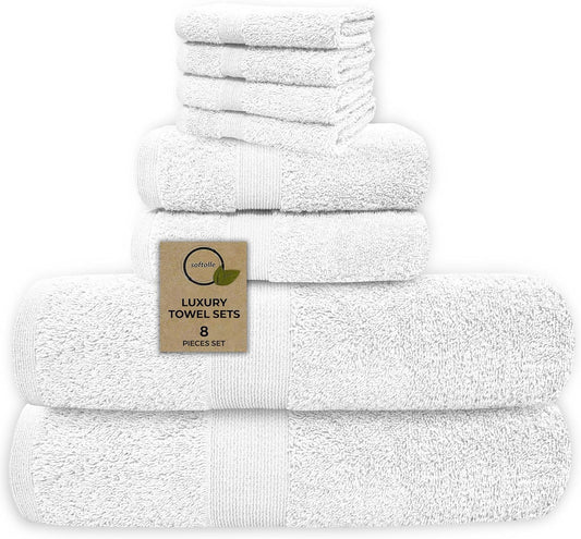 Softolle Luxury 8 Piece Towel Set, 2 Bath Towels 2 Hand Towels 4 Washcloths, Towels for Bathroom, Home, Spa & Gym - Highly Absorbent (White)