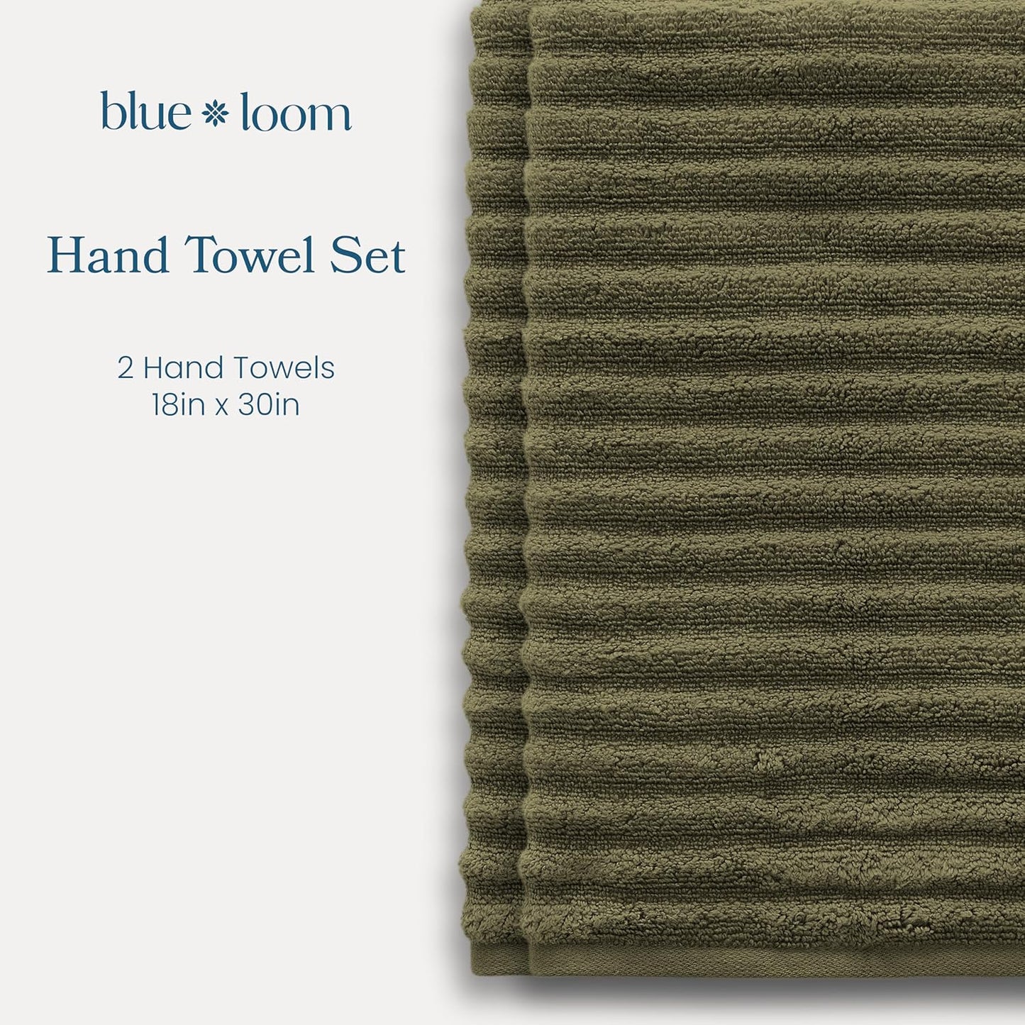 Blue Loom Ribbed Hand 2 Towels Set, 100% Cotton 600GSM, Soft Absorbent Durable Quick Drying for Bathroom - Mason 2 Piece 18" x 30" - Moss