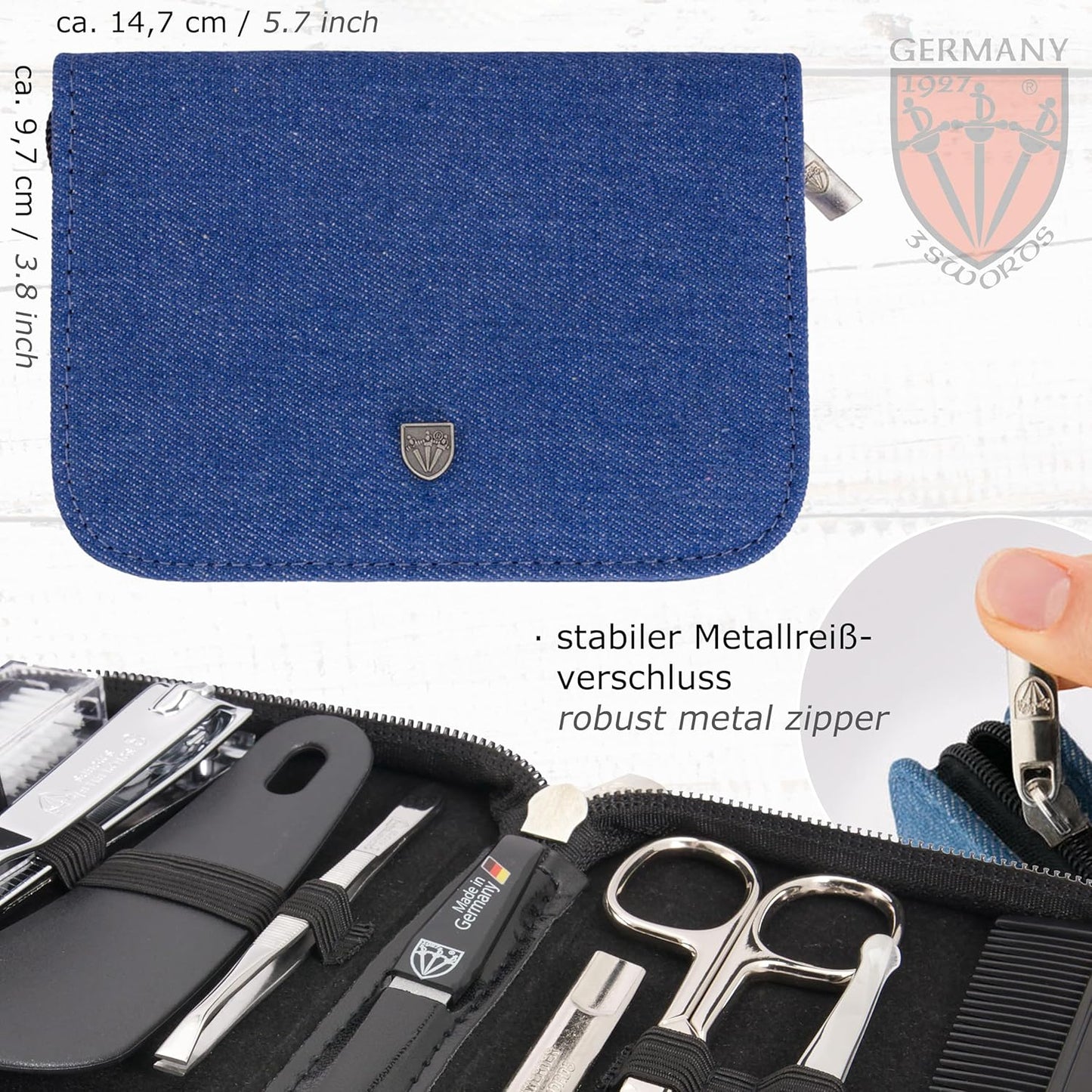 3 Swords Germany – brand quality 10 piece manicure pedicure grooming kit set for professional finger & toe nail care tweezers file clipper fashion leather case in gift box, Made by 3 Swords (7797)