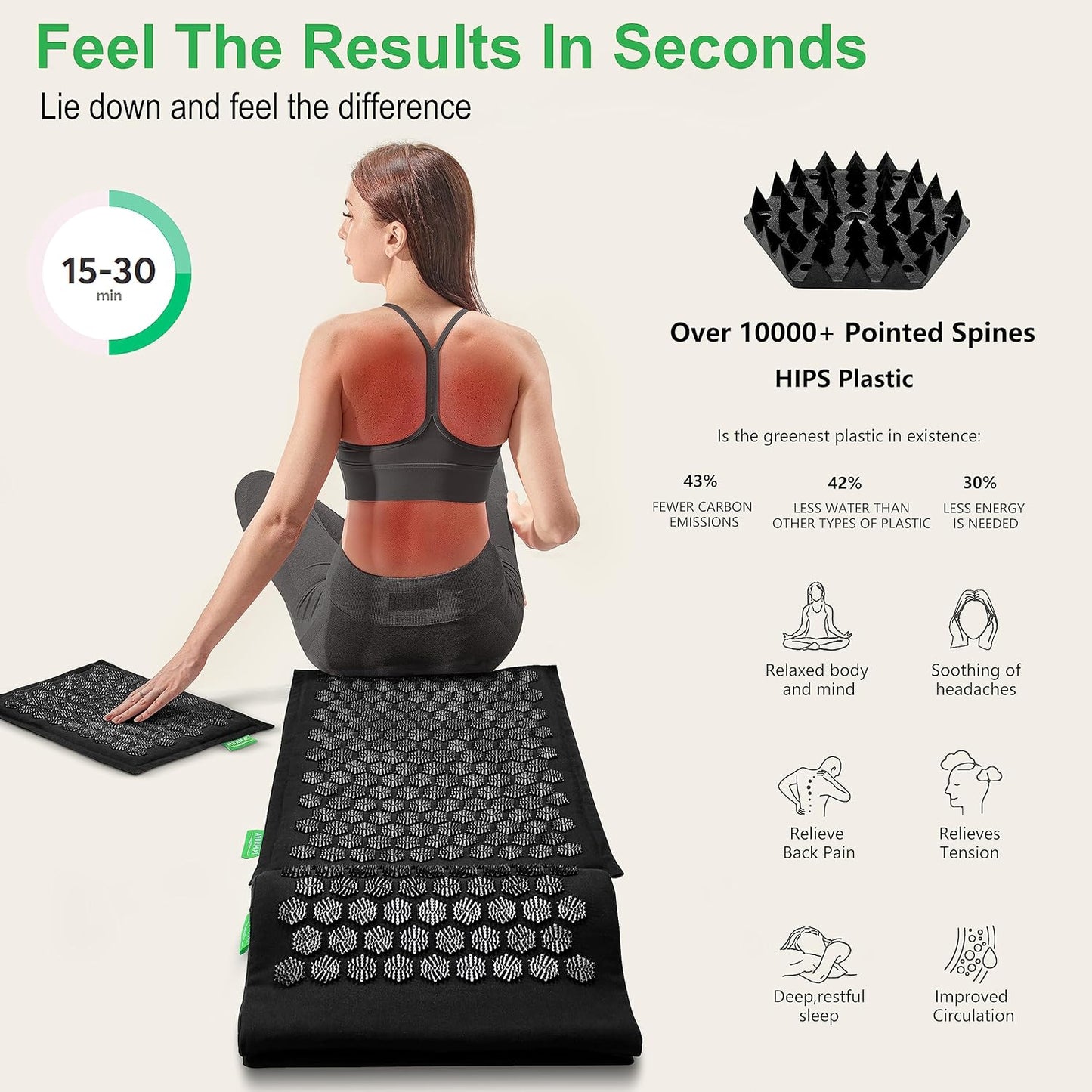 Acupressure Mat and Pillow Set - Full Body Pro Kit for Stress Relief, Muscle Relaxation & Pain Relief - Natural Eco-Friendly Linen & Coconut Fiber Mat - Includes Carrying Bag (Black)