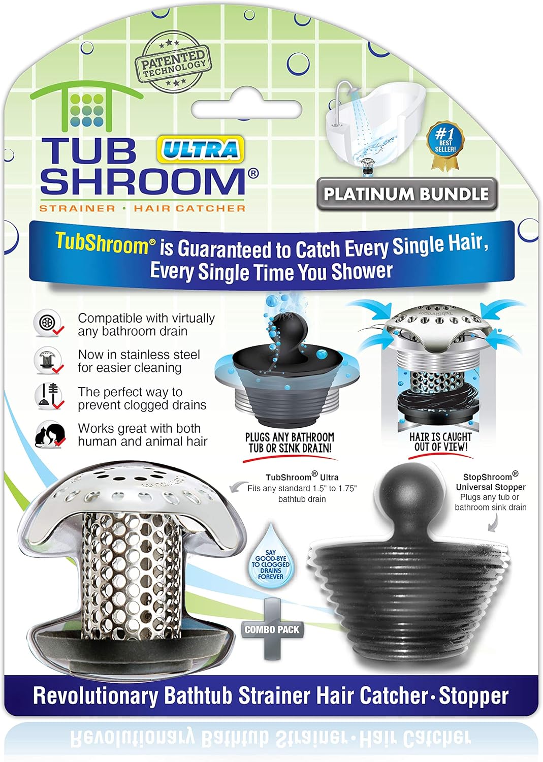TubShroom Ultra Revolutionary Bath Tub Drain Protector Hair Catcher/Strainer/Snare, Stainless Steel, Stainless Combo