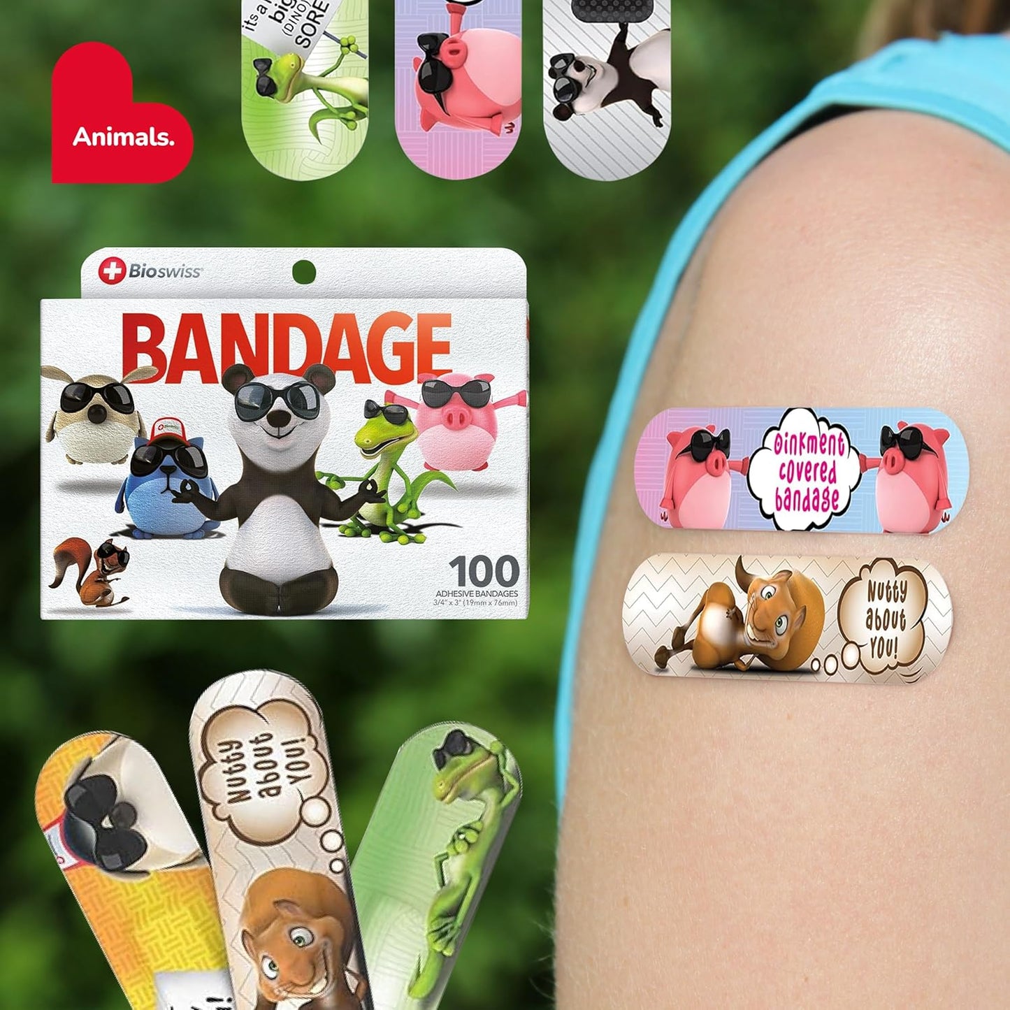 BioSwiss Kids Bandages, Assorted Animal Shaped Variety Self Adhesive Bandage, Latex Free, Sterile Wound Care, 100 Count