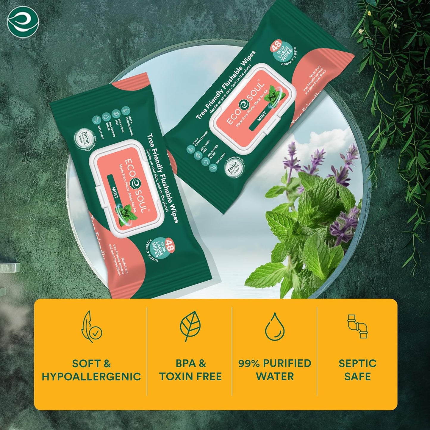 ECO SOUL Bamboo Flushable Wipes For Adult- Mint 192 Wipes |4 Pack of 48| Eco-Friendly Wipes| 99% Purified Water, Hypoallergenic, Soft Wipes, BPA & Paraben free