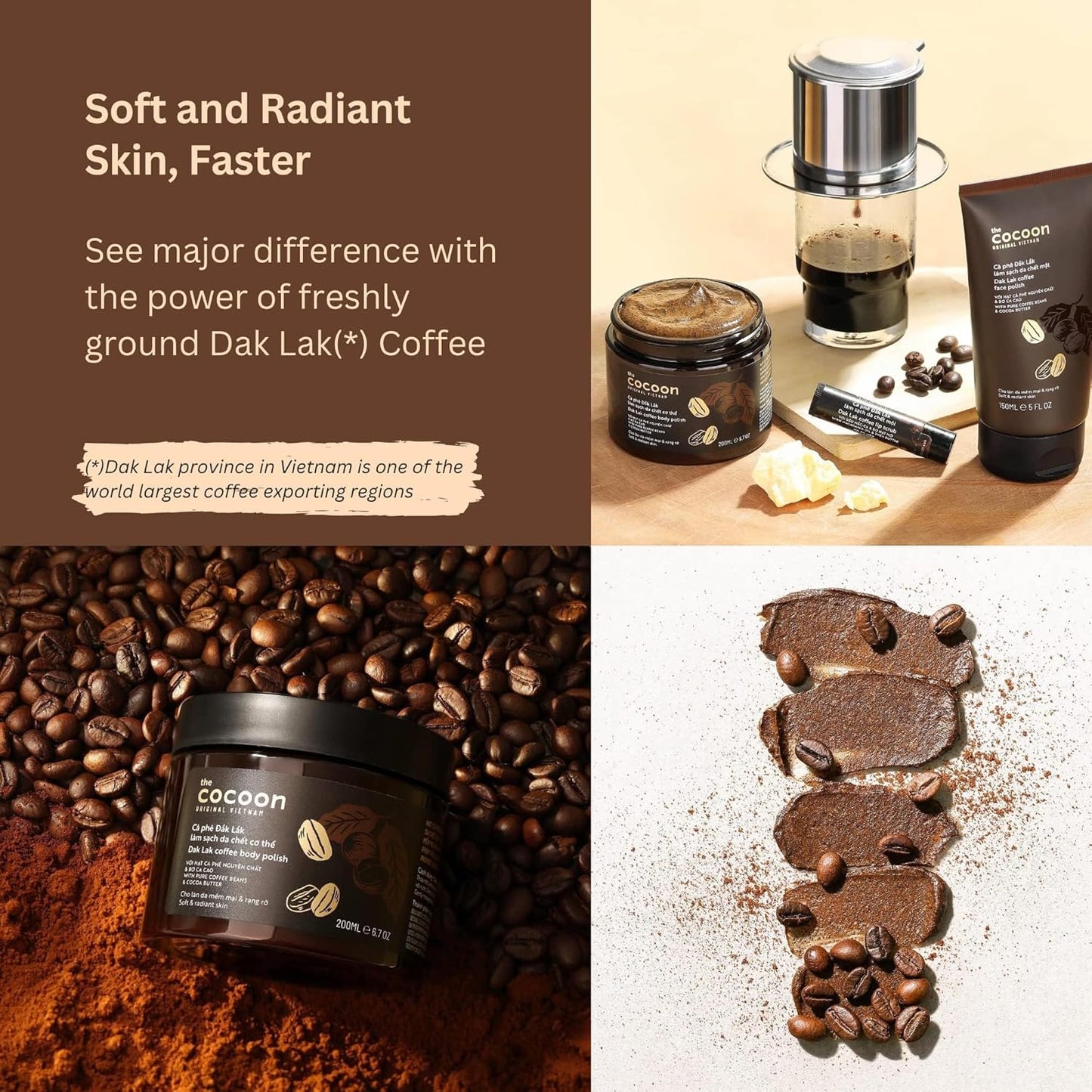 Cocoon Dak Lak Coffee Scrub Body, Exfoliating Body Scrub Organic with Coconut & Shea Butter, Dead Skin Remover for Body, Moisturizing Body for Sensitive Skin, Fragrance Free | Gift for Coffee Lovers