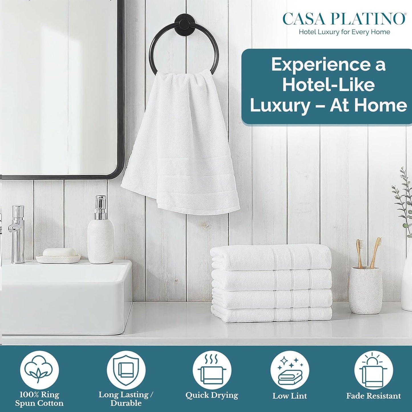 Casa Platino 6 Pack Hand Towels (16"x28") - Spa & Hotel Quality - 100% Ring Spun Cotton - Quick Dry, Ultra Soft & Absorbent - Used for Salon, Gym, Bathroom, Beauty - Pre Shrunk - White Hand Towels Set