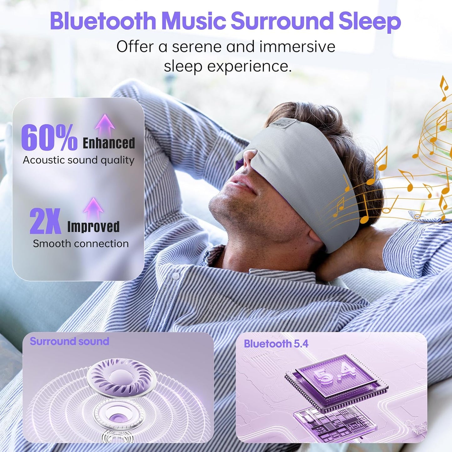 MUSICOZY Ice Silk Sleep Headphones with Bluetooth Mask, Eye Mask for Sleeping in Total Darkness, 5.4 Bluetooth Sleep Mask Sleep Headphones, Soft, Gifts for Men Women (Purple)