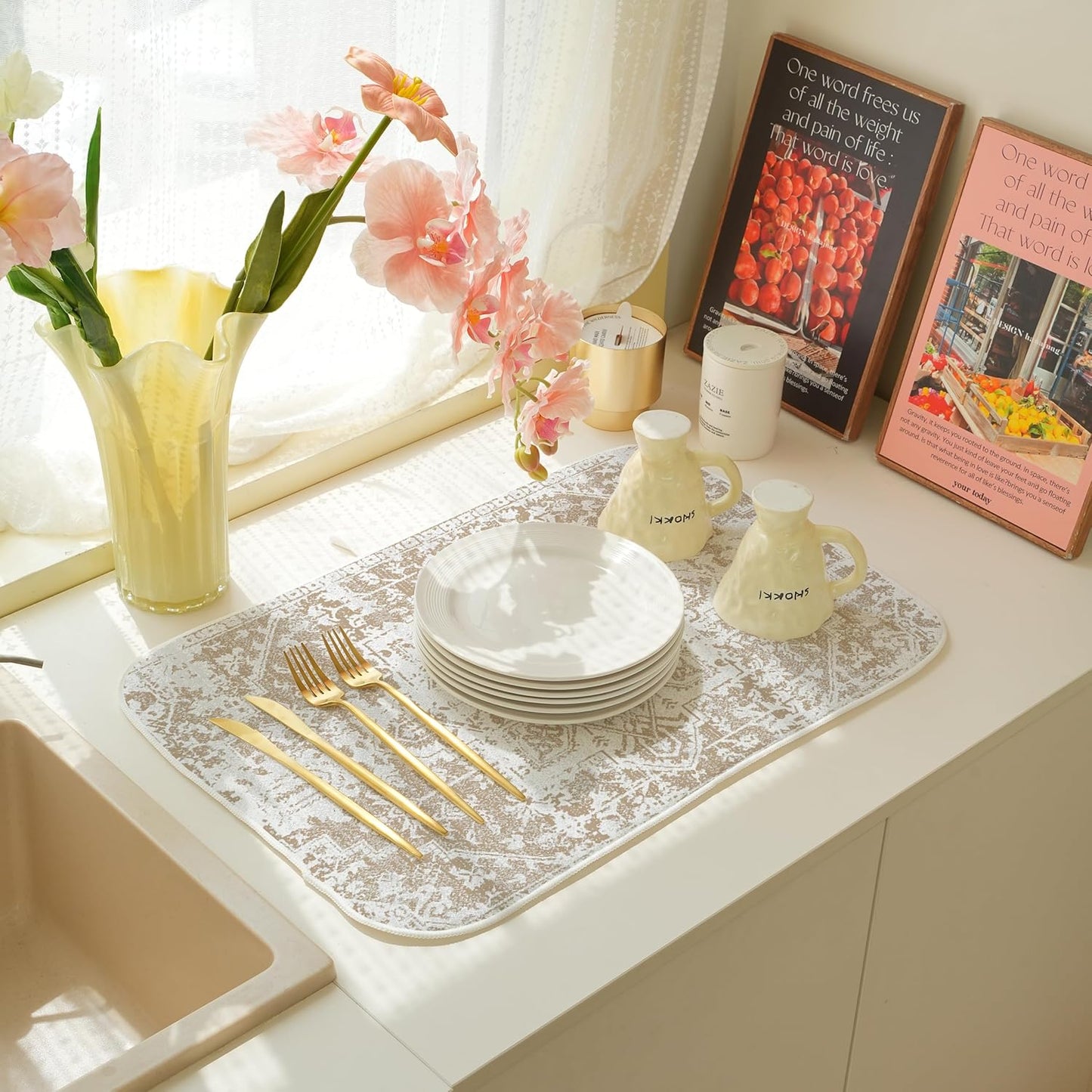 Brown Dish Drying Mat for Kitchen Counter, 18x24 Inch Coffe Boho Style Absorbent Dish Drying Pad Heat Resistant Mat Coffee Bar Mat Dish Drainer Rack Mat