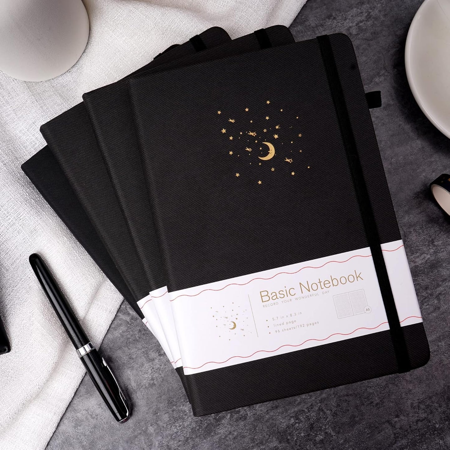 4 Pack Lined Journal Notebooks for Work, Hardcover Notebook Journal with Pen Loop, A5 Leather Notebook Journal Cover, Medium 5.7" x 8.3", (Black Ruled)