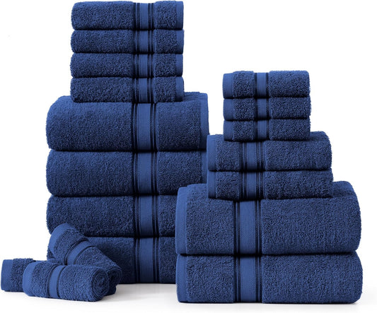 LANE LINEN 100% Cotton Luxury Bathroom Towel Set - 18 Pcs - Zero Twist, Quick Dry, Super Soft & Absorbent - 6 Bath, 6 Washcloths, 6 Hand Towels - Remains Fluffy Even After Multiple Washes - Navy Blue