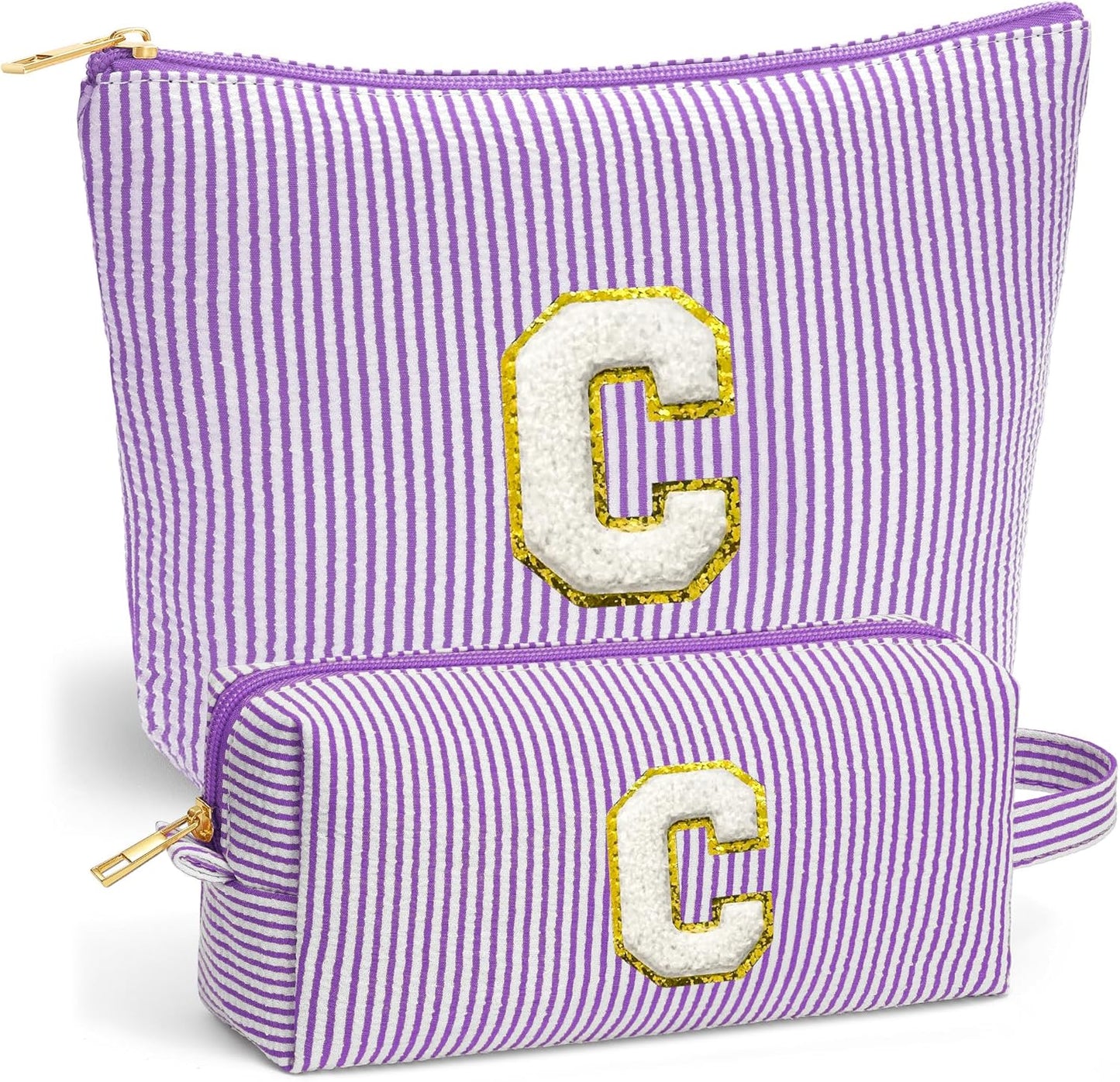 Initial Makeup Kit - Cosmetic Bags for Women, Make up Bag Set Portable Travel Toiletry Bag with Zipper, Cute Purple Stuff Birthday Gifts for Women Mom Girlfriend, Purple Letter C