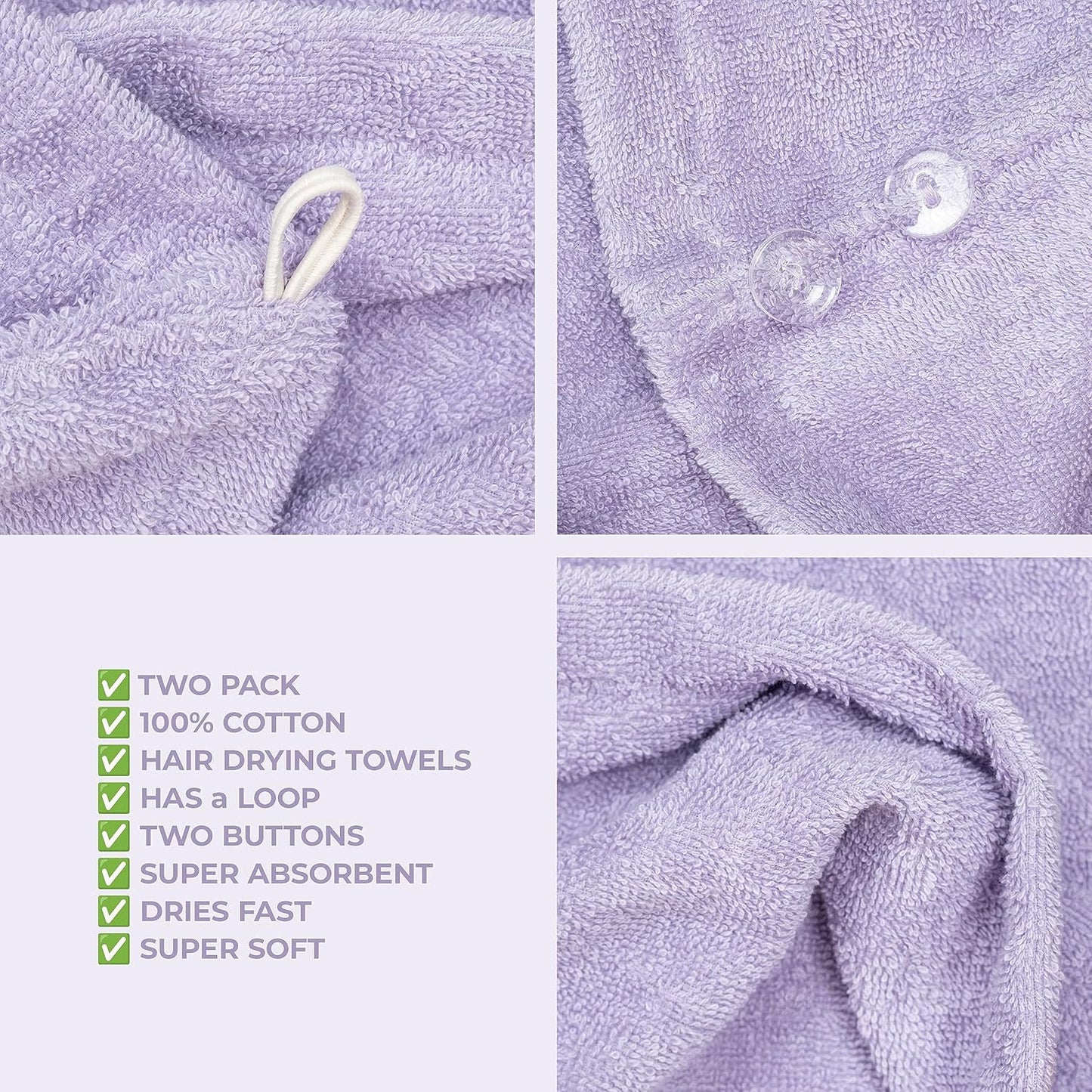 American Soft Linen 100% Cotton Hair Towels for Women, Head Towel Cap, Cotton Hair Turban Towel Wrap for Long Curly Anti Frizz Hair, Soft and Absorbent Cotton Hair Towels 2 Pack, Lilac